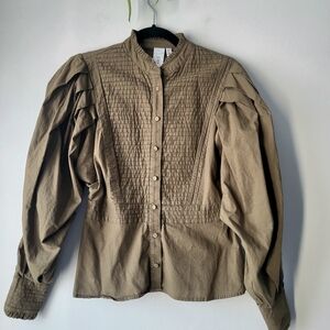 Y.A.S Women's Olive Khaki Military Style Ballon Sleeve Blouse